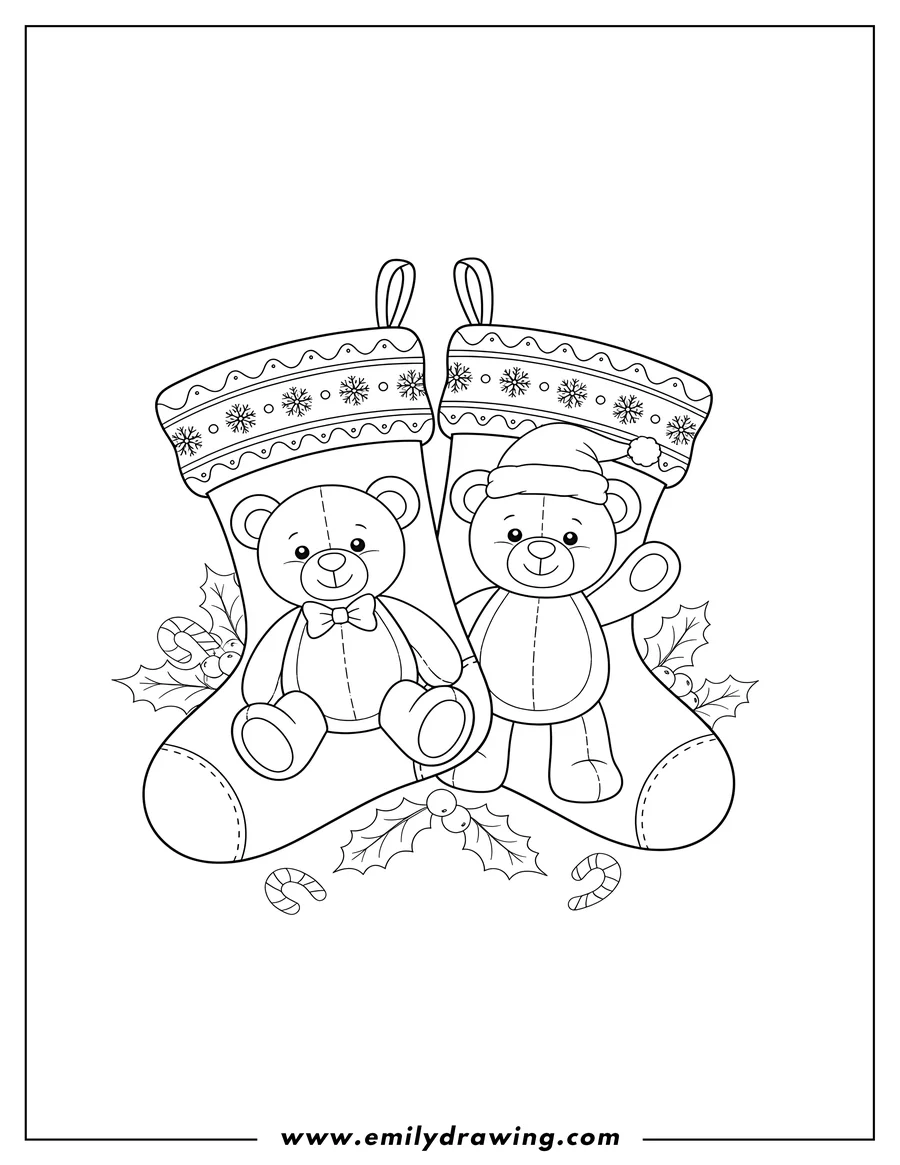 High quality printable two overlapping Christmas stockings, each featuring a teddy bear design for coloring