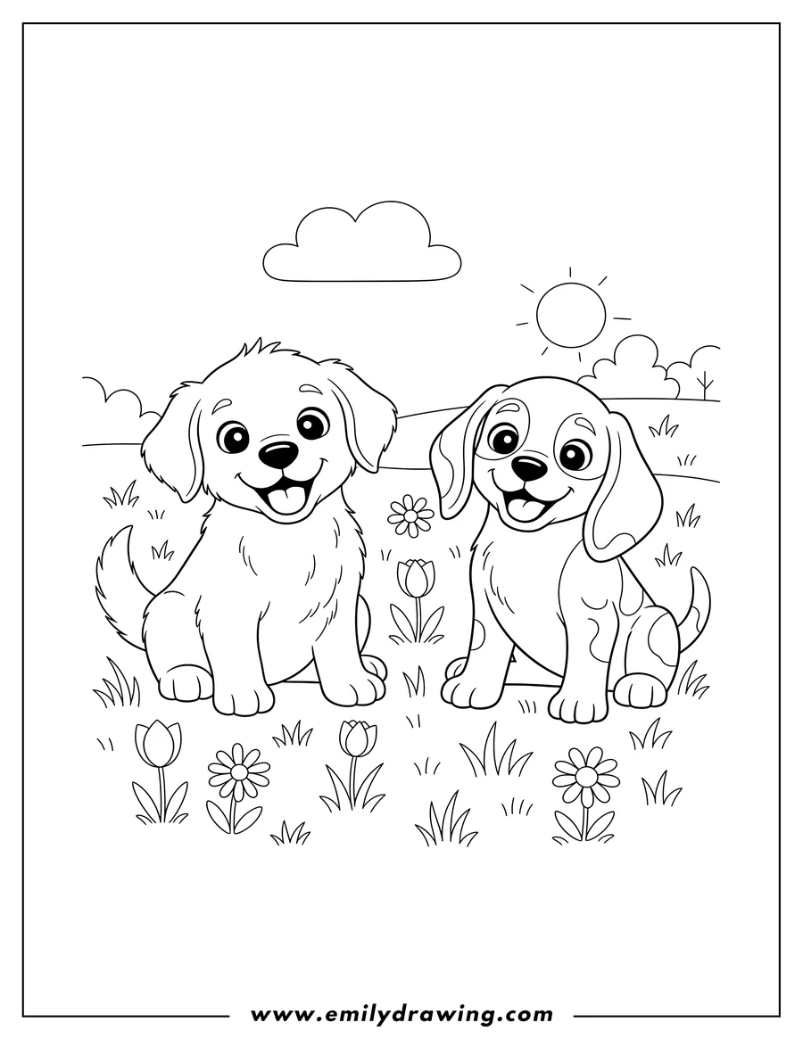 High quality printable two smiling cartoon puppies sitting on a lawn for coloring