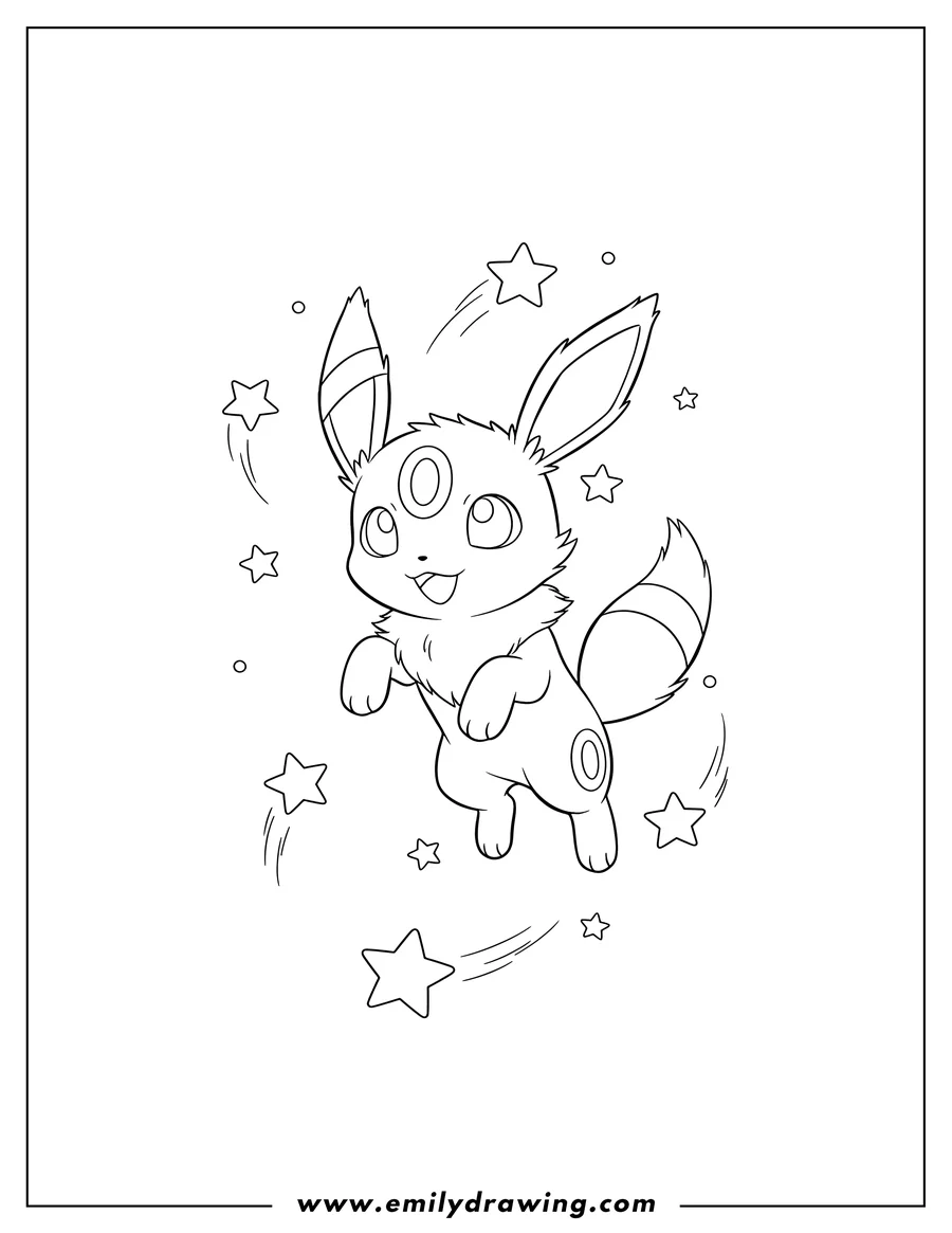 Downloadable coloring page of cute Umbreon jumping with stars