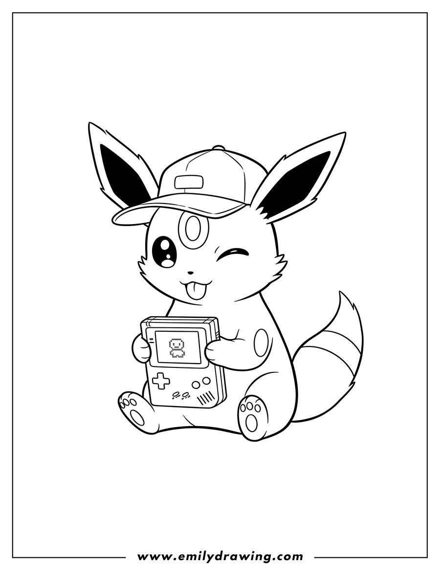Coloring page of cute Umbreon Wearing Cap Backwards, Winking, Sticking Tongue Out, And Playing Game Boy