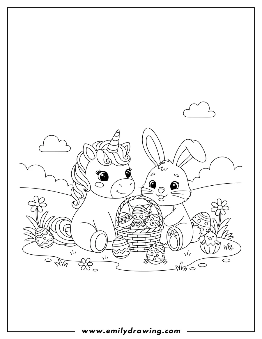 Free printable coloring sheet of cute Unicorn and Easter Bunny sitting and holding a basket of Easter eggs, with eggs on the ground