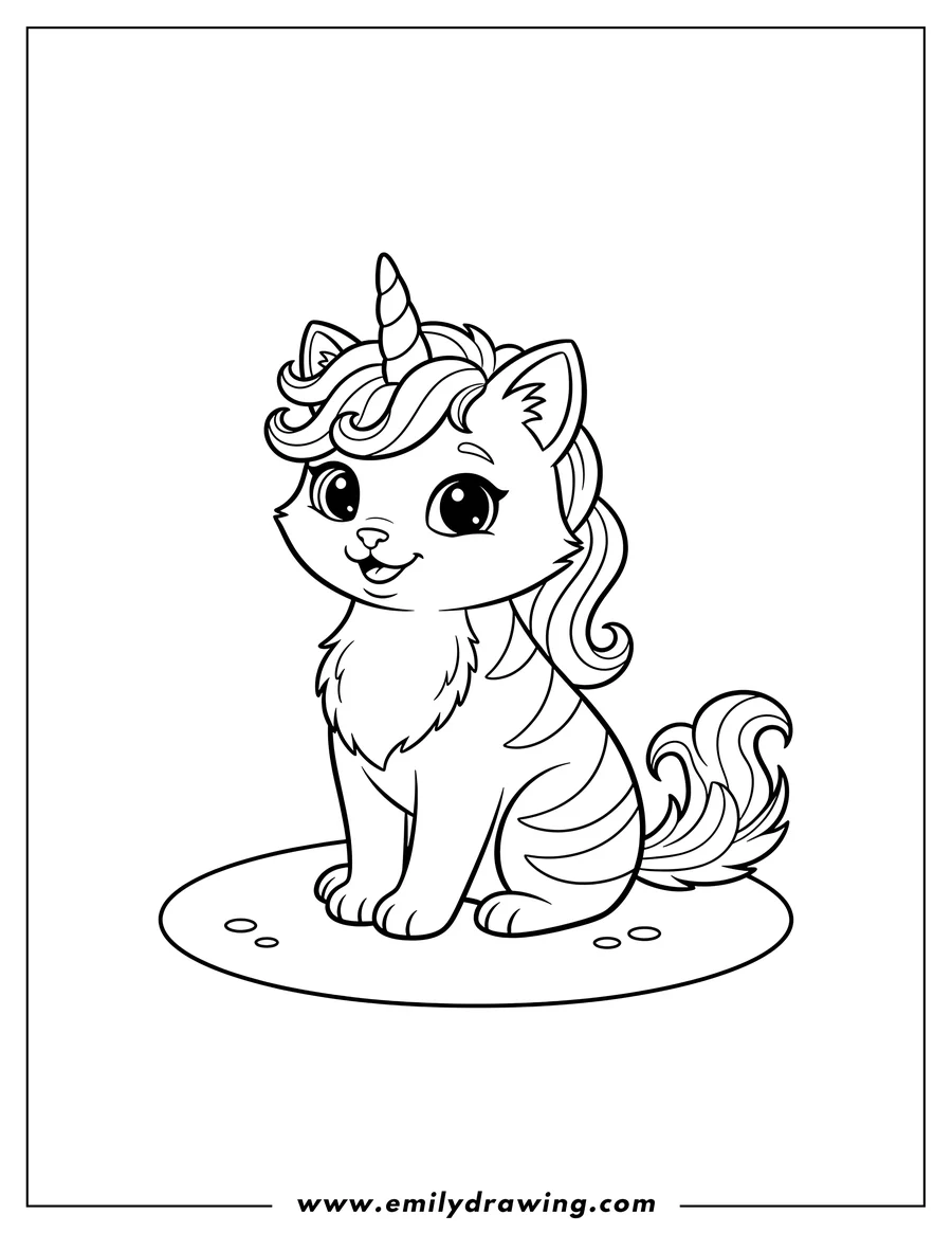Coloring page for kids: cute Unicorn Cat With Striped Back Preschoolers, sitting and smiling