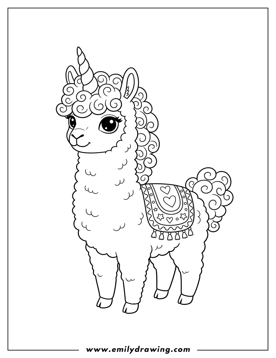 Simple sketch of cute Unicorn Llama standing with a fluffy mane and tail to color