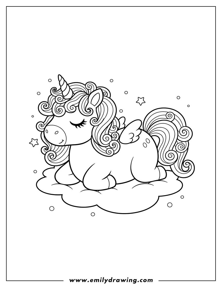 Printable coloring page of cute unicorn lying down with curly mane and closed eyes