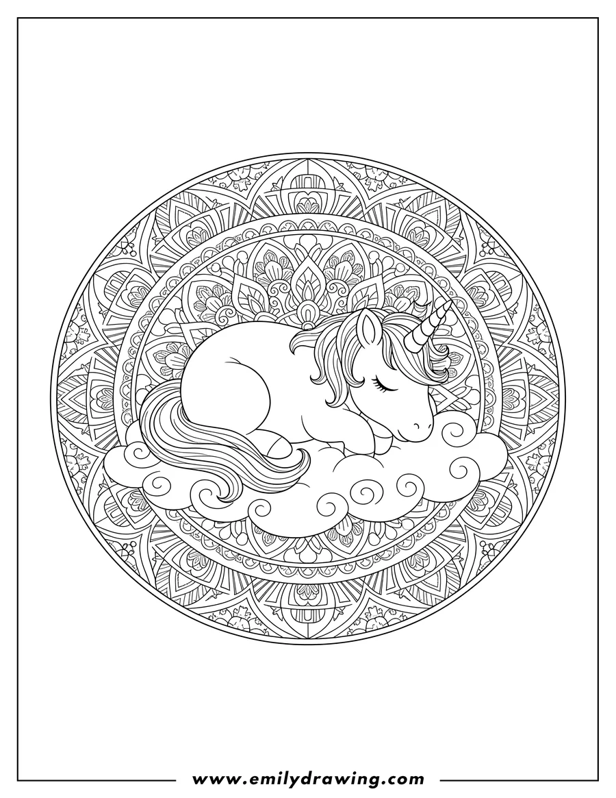 Coloring sheet featuring cute unicorn lying down with eyes closed, sleeping on a cloud, with a mandala-style Zentangle background