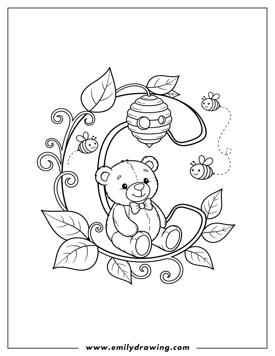 Doodle style coloring picture of cute Uppercase Letter C with a sitting teddy bear, a hanging beehive, and flying bees among leaves