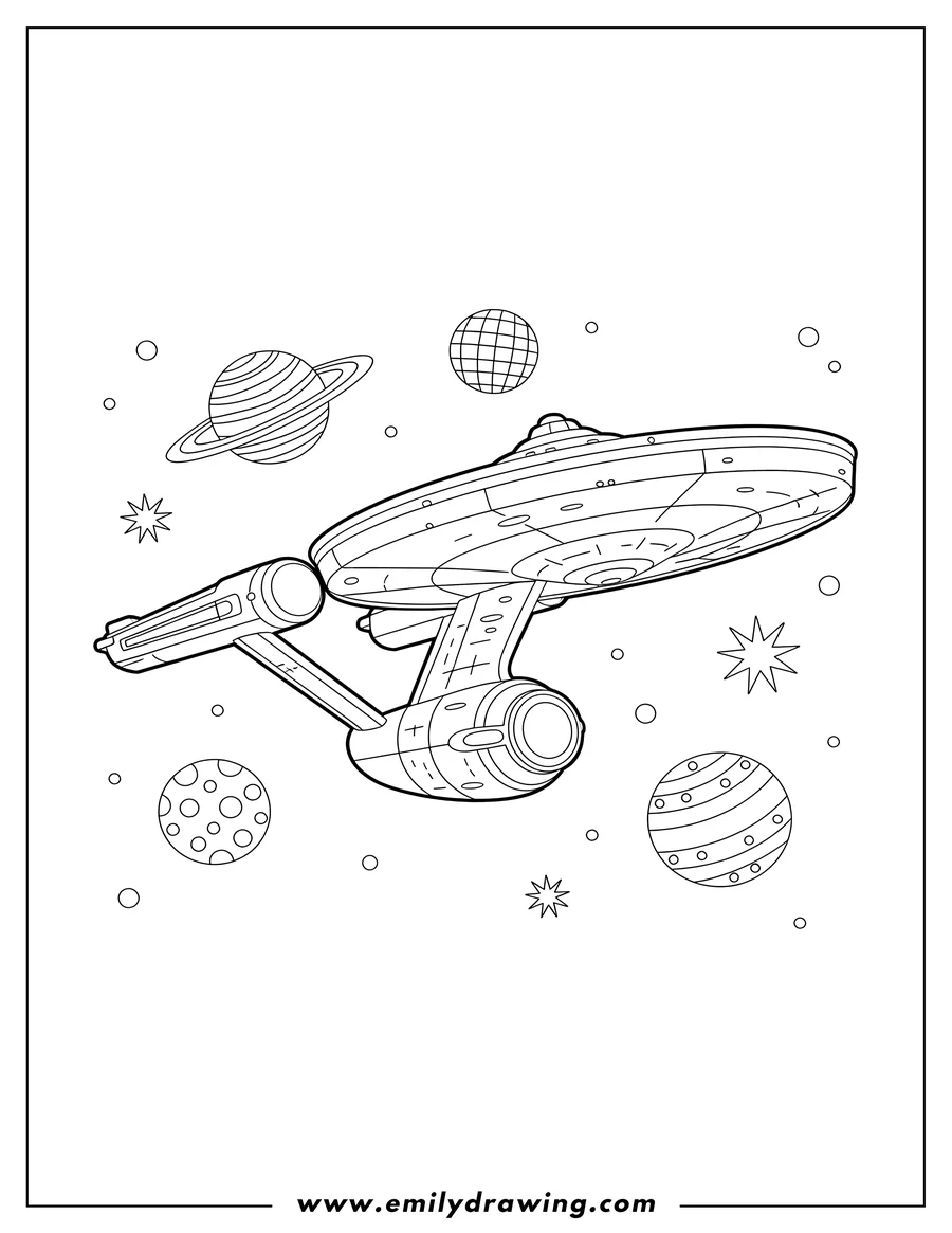 PDF style coloring page: uss Enterprise flying in outer space with planets