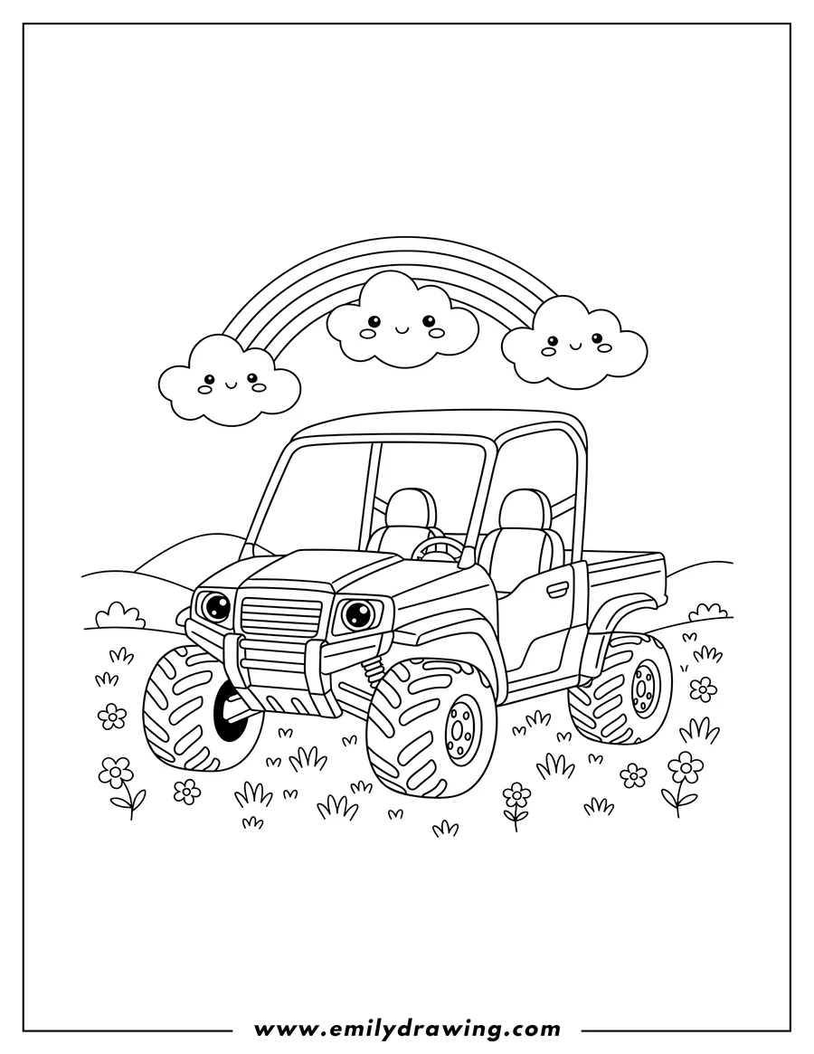 Printable line art of cute UTV with large off-road tires, kawaii smiling clouds, and a rainbow in a happy meadow