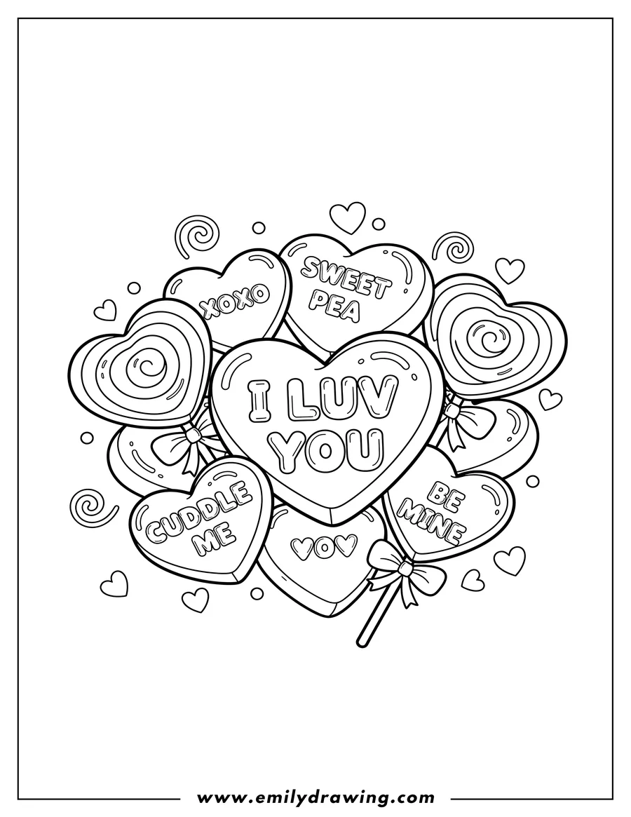 Clean line drawing: valentines conversation heart candies with 'I LUV YOU' and other messages, plus heart lollipops