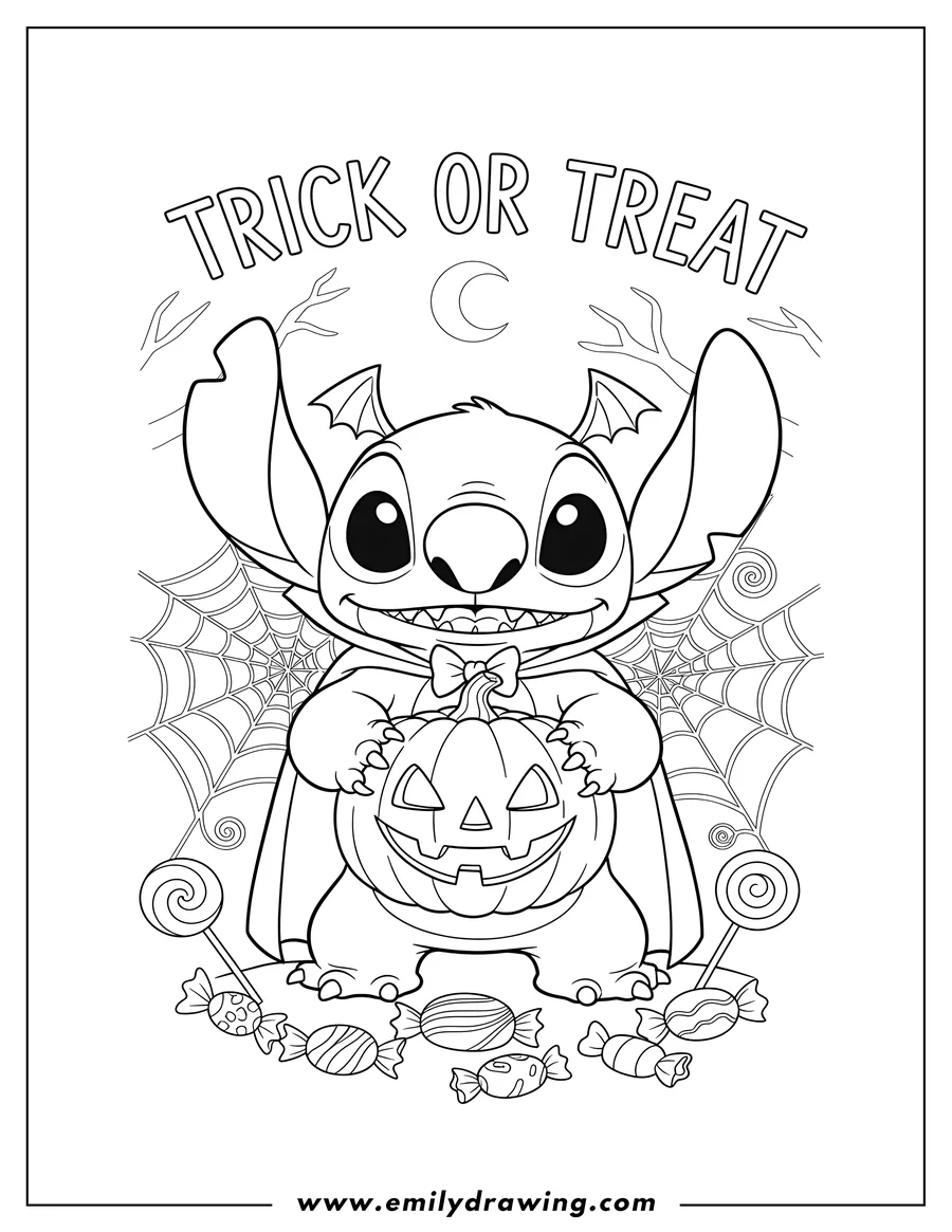 Printable line art of vampire Stitch holding a jack-o'-lantern, with 'trick or treat' text, spiderwebs, and candy