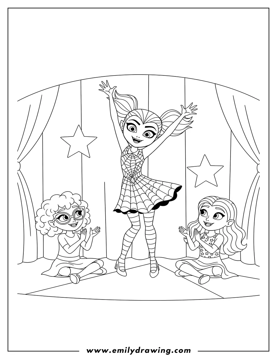 Coloring page for kids: vampirina dancing with arms raised, as Bridget and Poppy sit on the floor watching