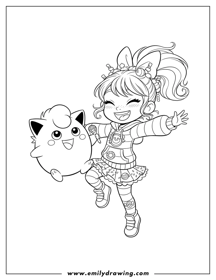 Black and white line art of vanellope With Jigglypuff, both smiling and in playful poses