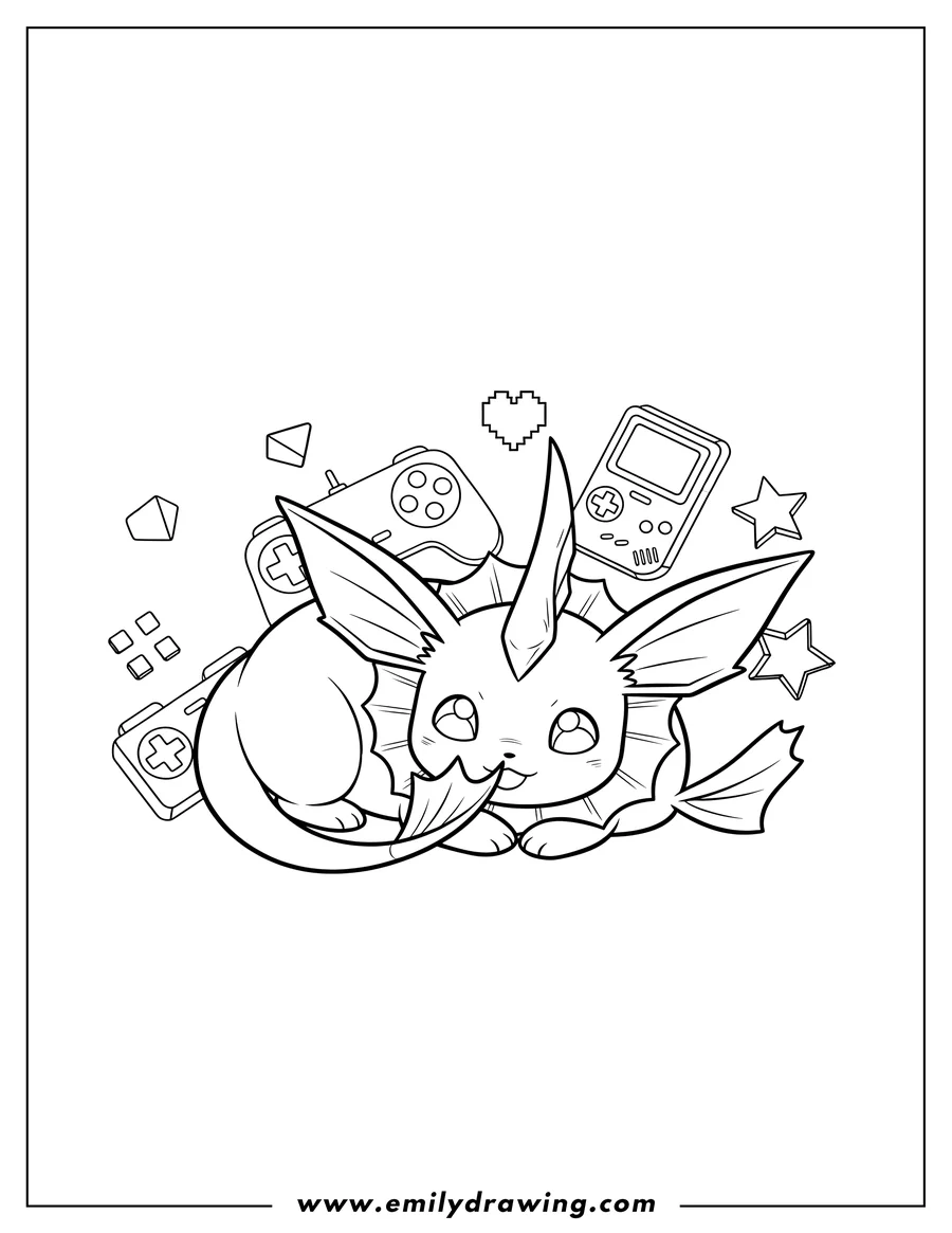 PDF style coloring page: cute Vaporeon lying down with game console background