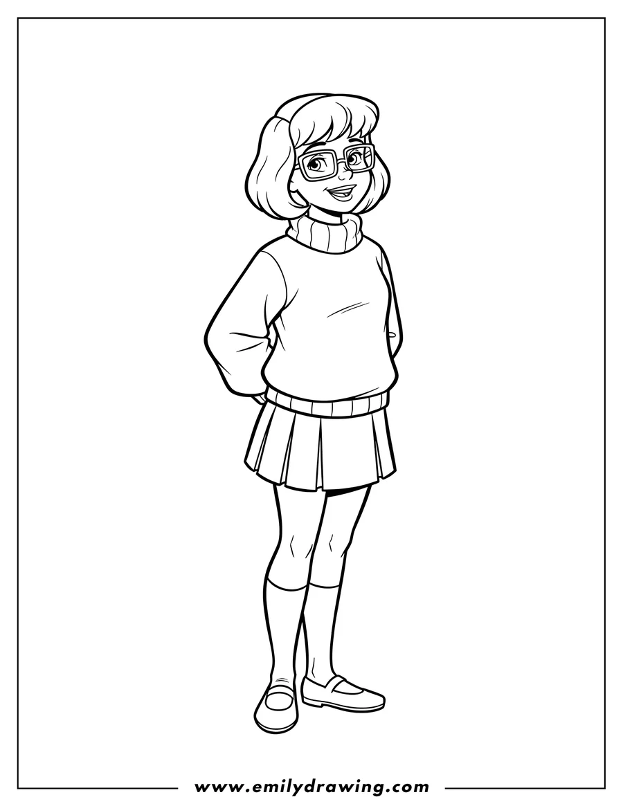 Vector style outline of velma Dinkley Character Scaled, standing with her hands behind her back and smiling