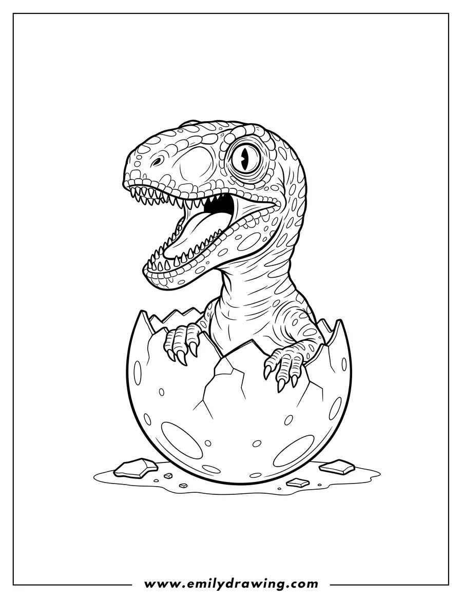 Simple sketch of velociraptor Hatching From Egg To Color Scaled, mouth open showing sharp teeth, and claws gripping the eggshell to color