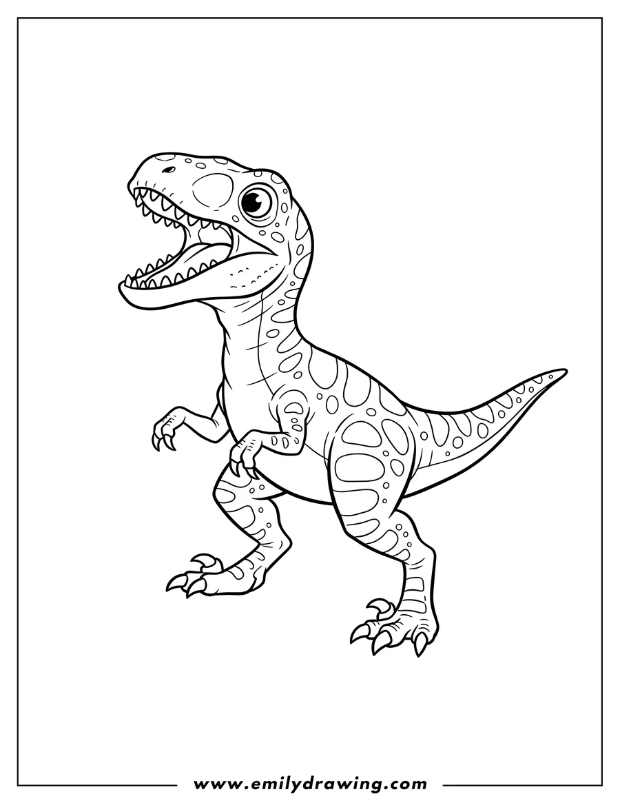 Doodle style coloring picture of cute Velociraptor Scaled roaring and walking