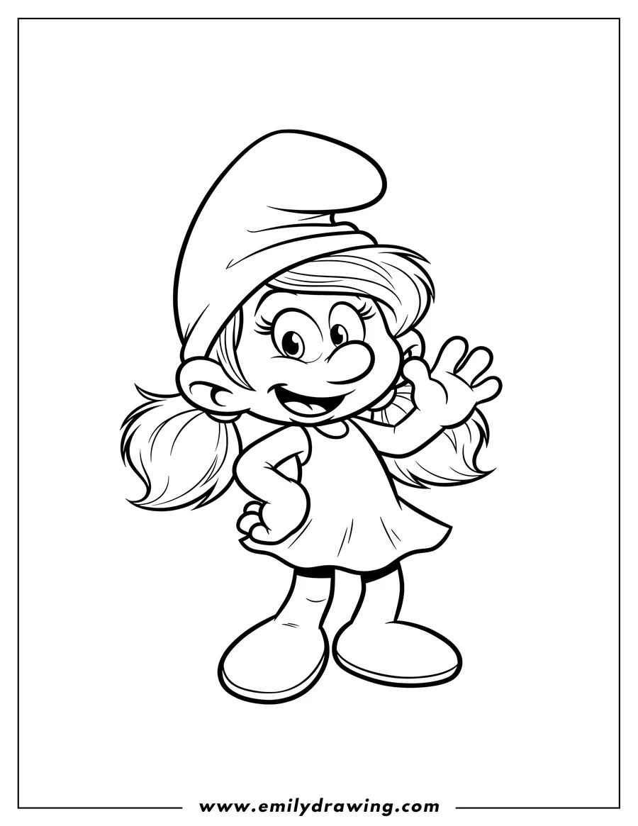 Simple sketch of cute Vexy Smurf standing and smiling to color