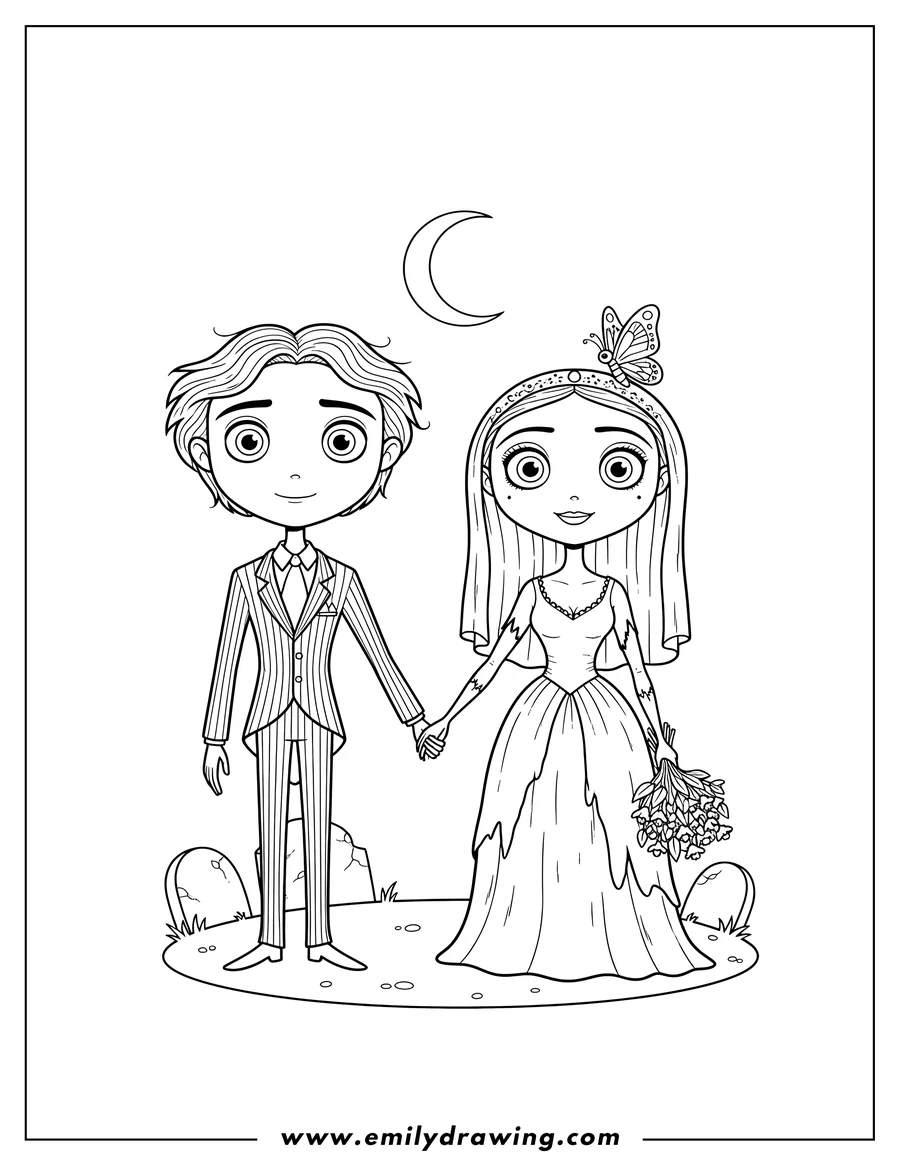 Coloring page for kids: cute Victor and Emily Corpse Bride holding hands