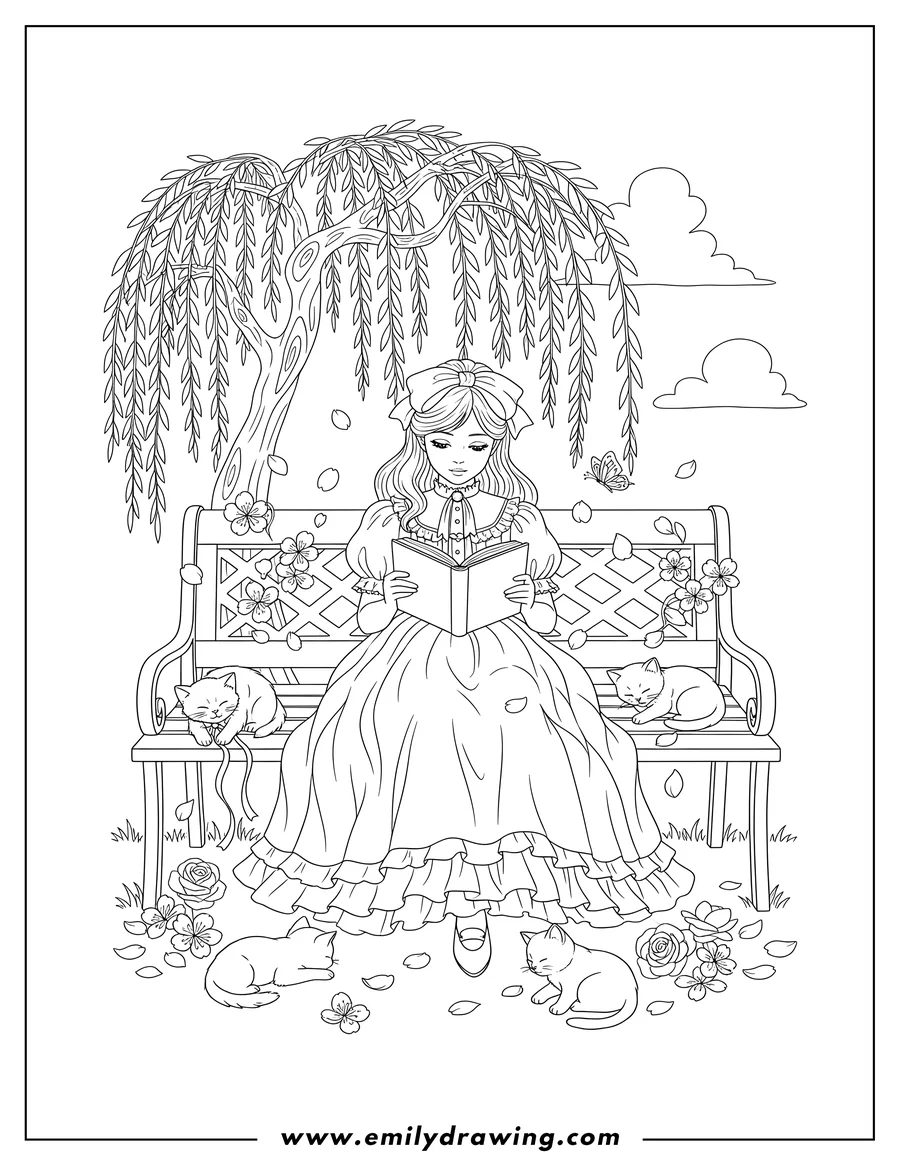 Coloring page for kids: victorian Style Little Girl reading a book on a bench with kittens and blossoms
