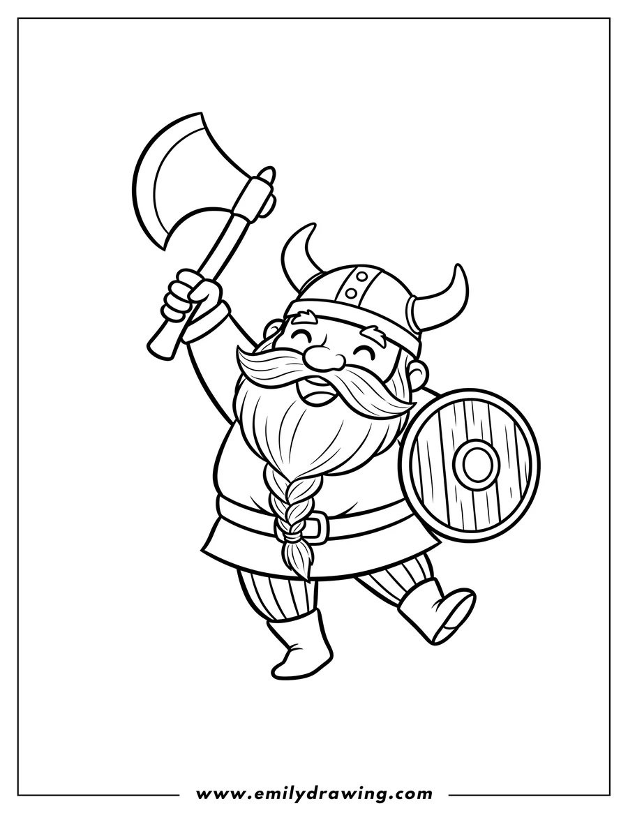 Doodle style coloring picture of cute Viking wearing a horned helmet and large beard, dancing while holding up an axe