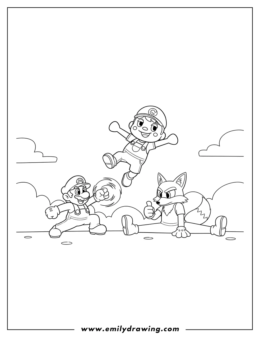 Clean line drawing: animal Crossing Villager Flipping Over Mario Firing a Blast and Star Fox Doing a Split