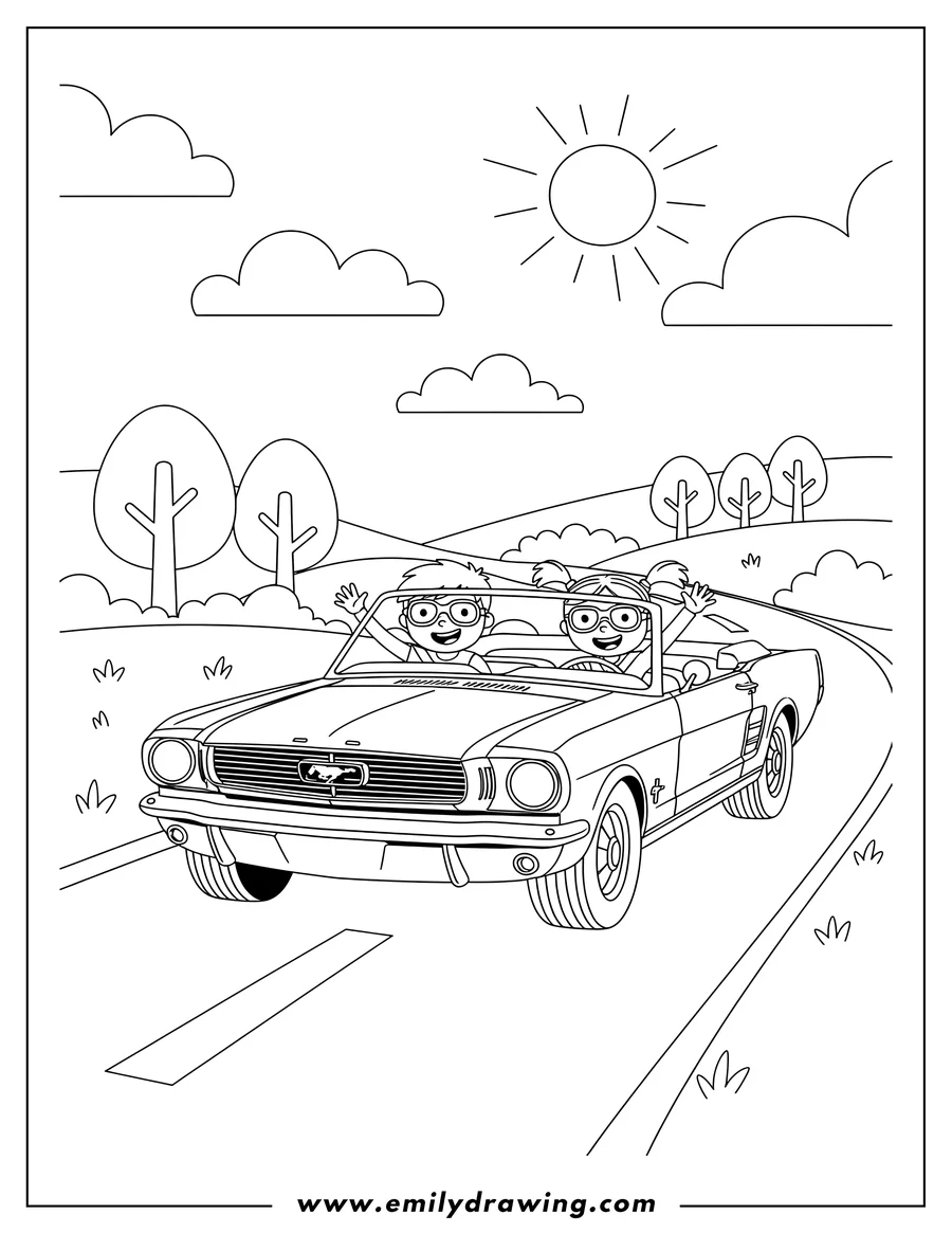 Doodle style coloring picture of vintage Ford Mustang driving on a road coloring page