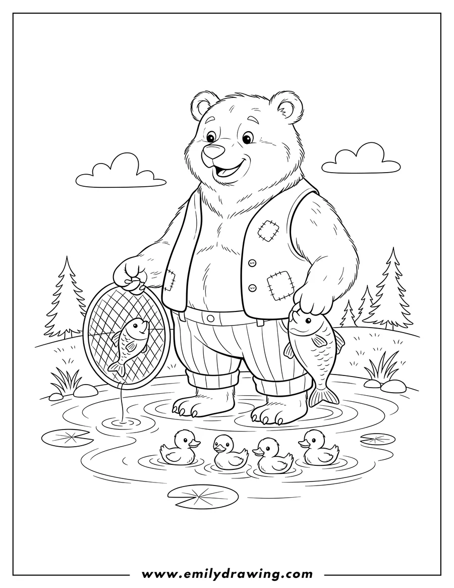 Simple sketch of vintage Illustration Bear Fishing Pond with fishing net, holding a fish, and ducklings to color