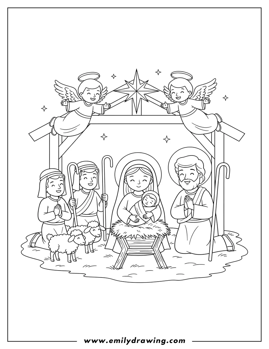 Linear illustration of virgin Mary, Joseph, and Baby Jesus with Shepherds and Angels