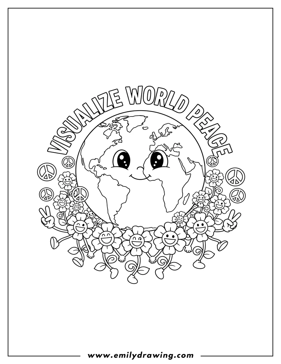 Simple sketch of visualize World Peace With Earth At Center, with VISUALIZE WORLD PEACE text, happy flowers, and peace signs to color