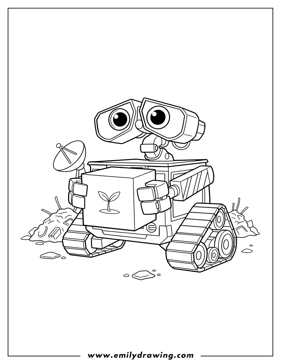 Vector style outline of wall E Robot Scaled, holding a cube