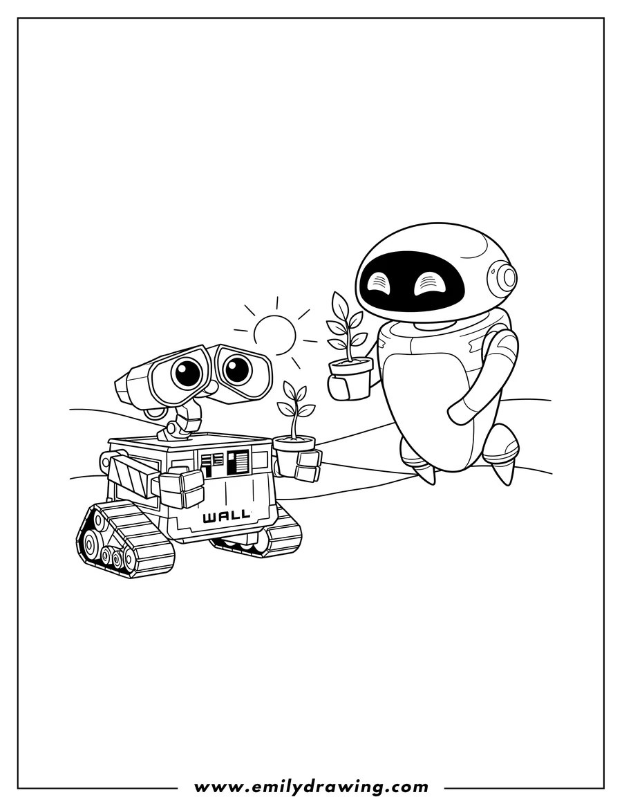 Clean line drawing: cute Wall E standing and Eve hovering, holding and looking at plants