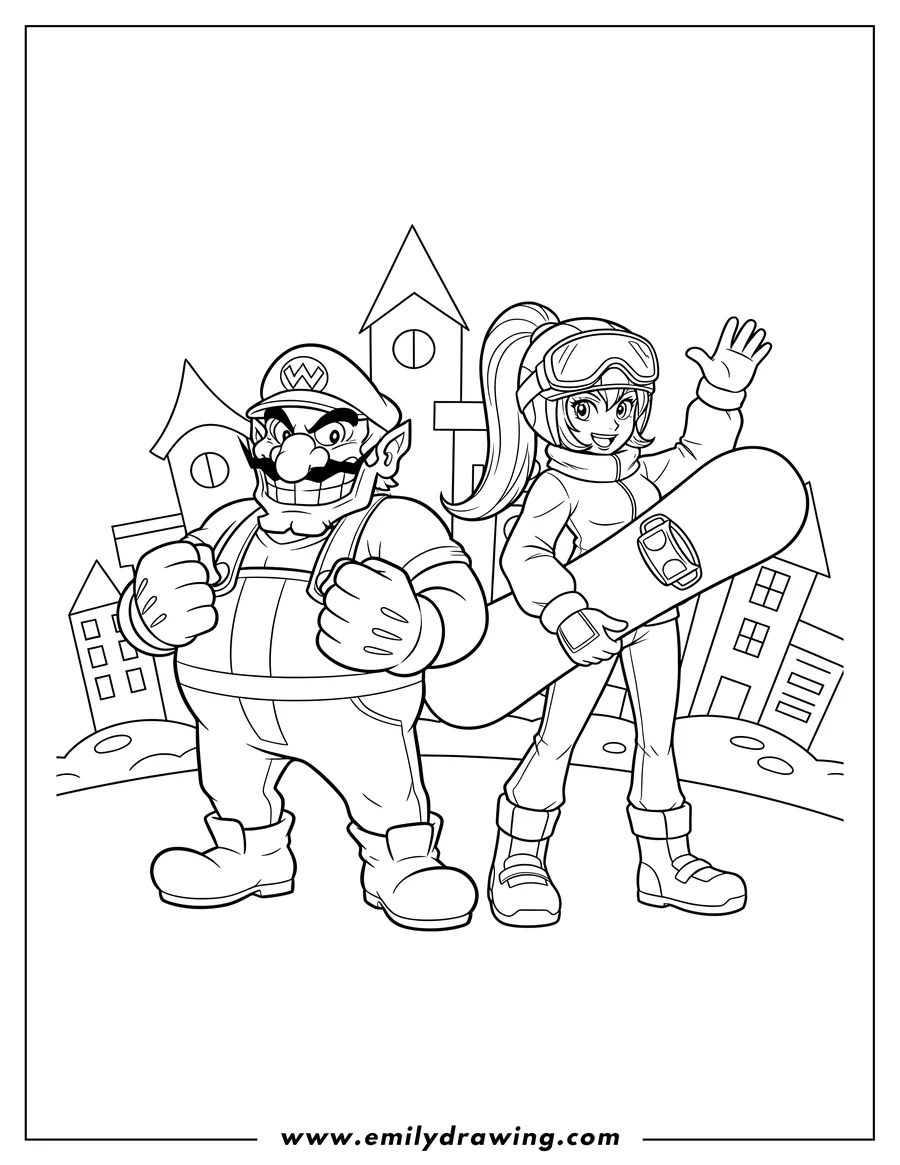 Coloring page for kids: wario grinning with clenched fists, and Mona wearing a helmet and holding a snowboard, waving in Diamond City