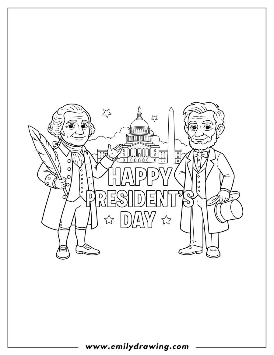 Printable line art of george Washington holding a quill and Abraham Lincoln holding a top hat, with Happy President's Day words