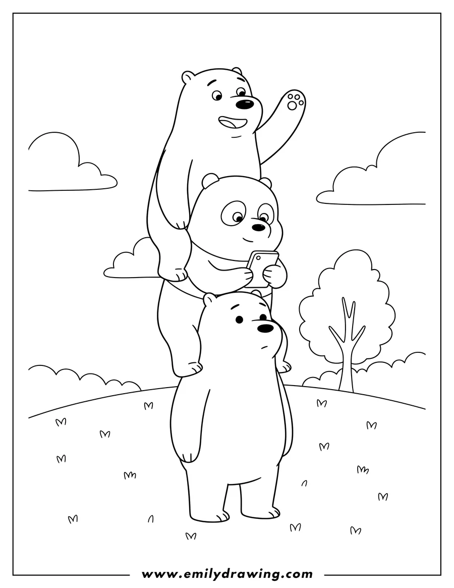 Black and white line art of cute We Bare Bears Grizz, Panda, and Ice Bear stacked in a tower, with Grizz waving and Panda on his phone
