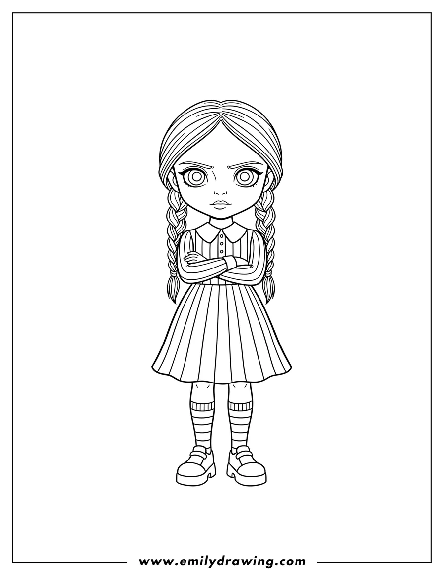 Clean line drawing: cute Wednesday Addams with crossed arms and pigtails
