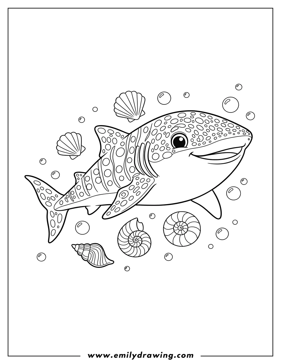 Free to print drawing of cute Whale Shark Swimming With Seashells and Bubbles