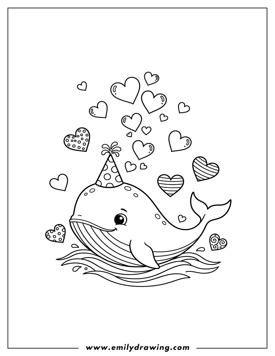 Coloring sheet featuring cute Get Whale Soon coloring page, featuring a whale wearing a party hat, spouting water, and surrounded by hearts