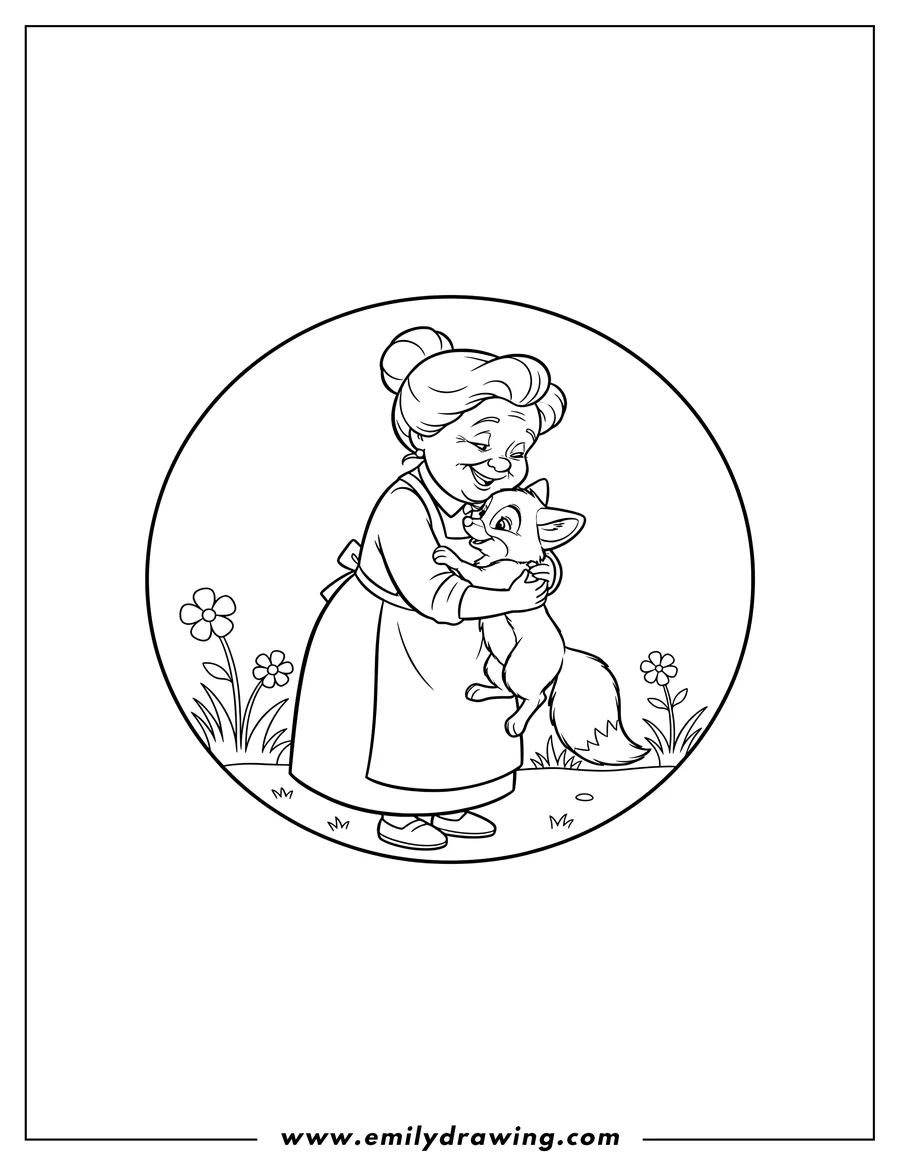 Full page coloring image of widow Tweed embracing Tod