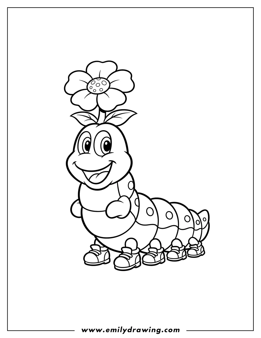 Doodle style coloring picture of wiggler Caterpillar From Super Mario with a flower on its head, smiling, and wearing shoes