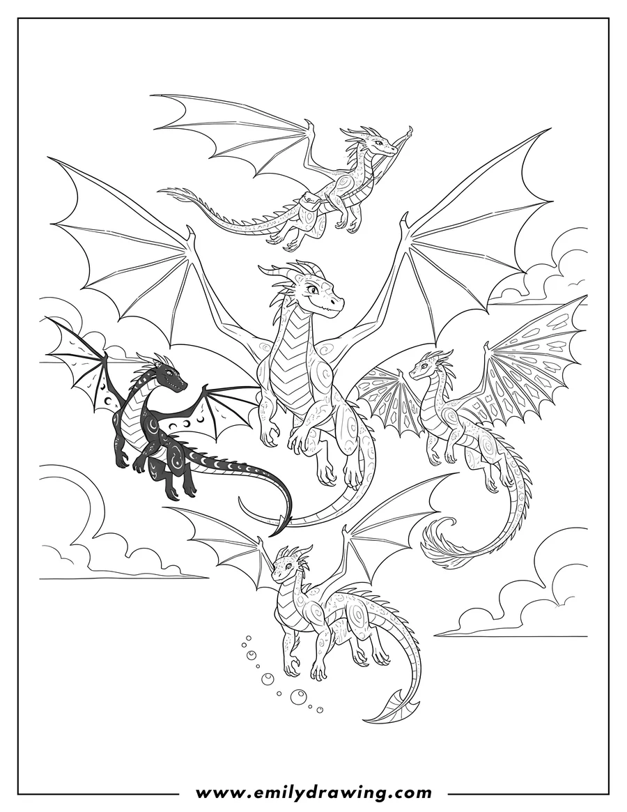 Doodle style coloring picture of wings of Fire dragons Clay, Darkstalker, Glory, Tsunami, and Qibli flying, with a smiling dragon