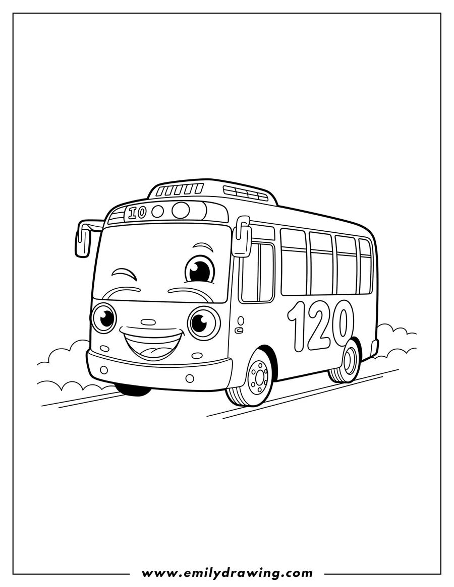 High quality printable cute Winking Tayo Bus, smiling and showing the number 120 for coloring