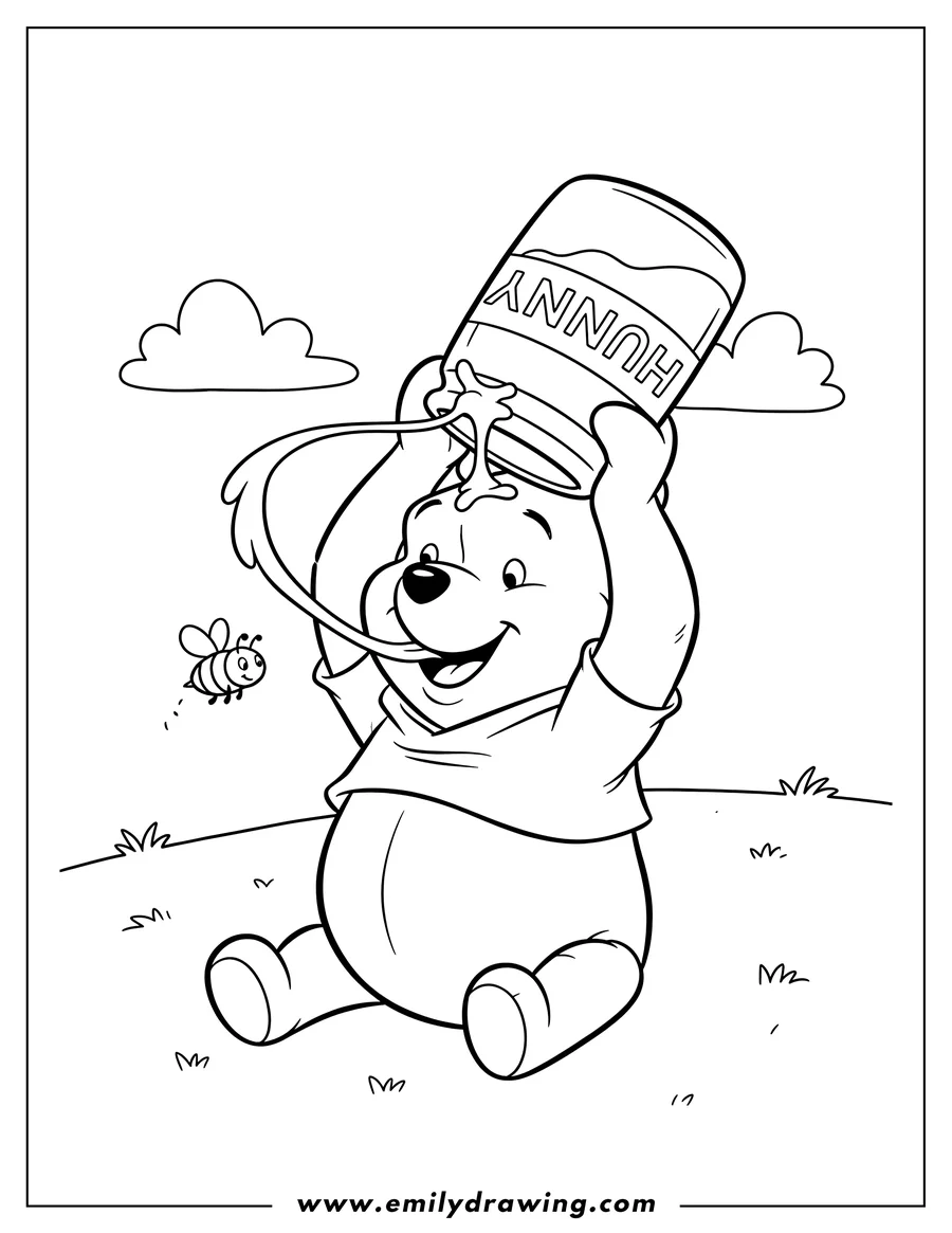 Outline drawing of winnie Pooh Cartoon sitting, holding a 'HUNNY' jar upside down over his head, with his tongue out