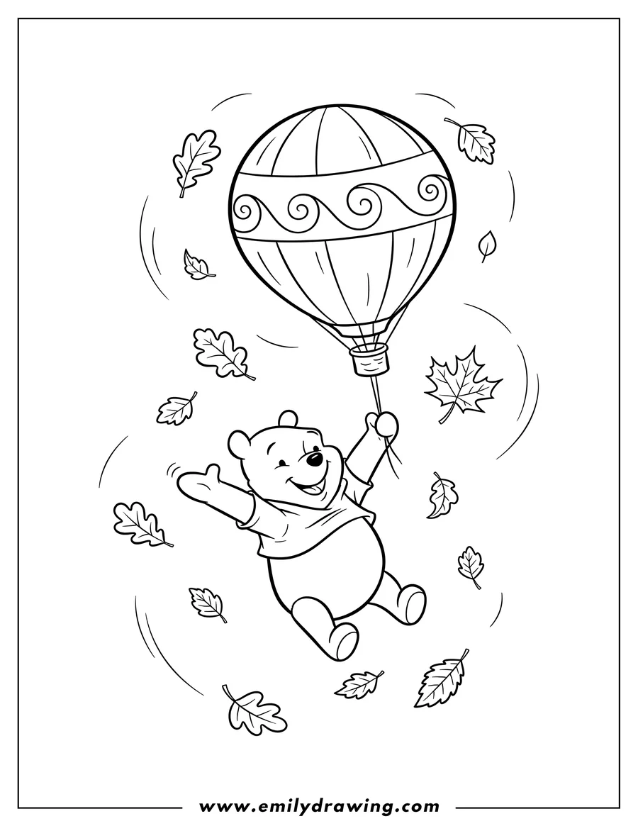 Full page coloring image of winnie Pooh happily floating with arms spread wide, with a balloon and fall leaves