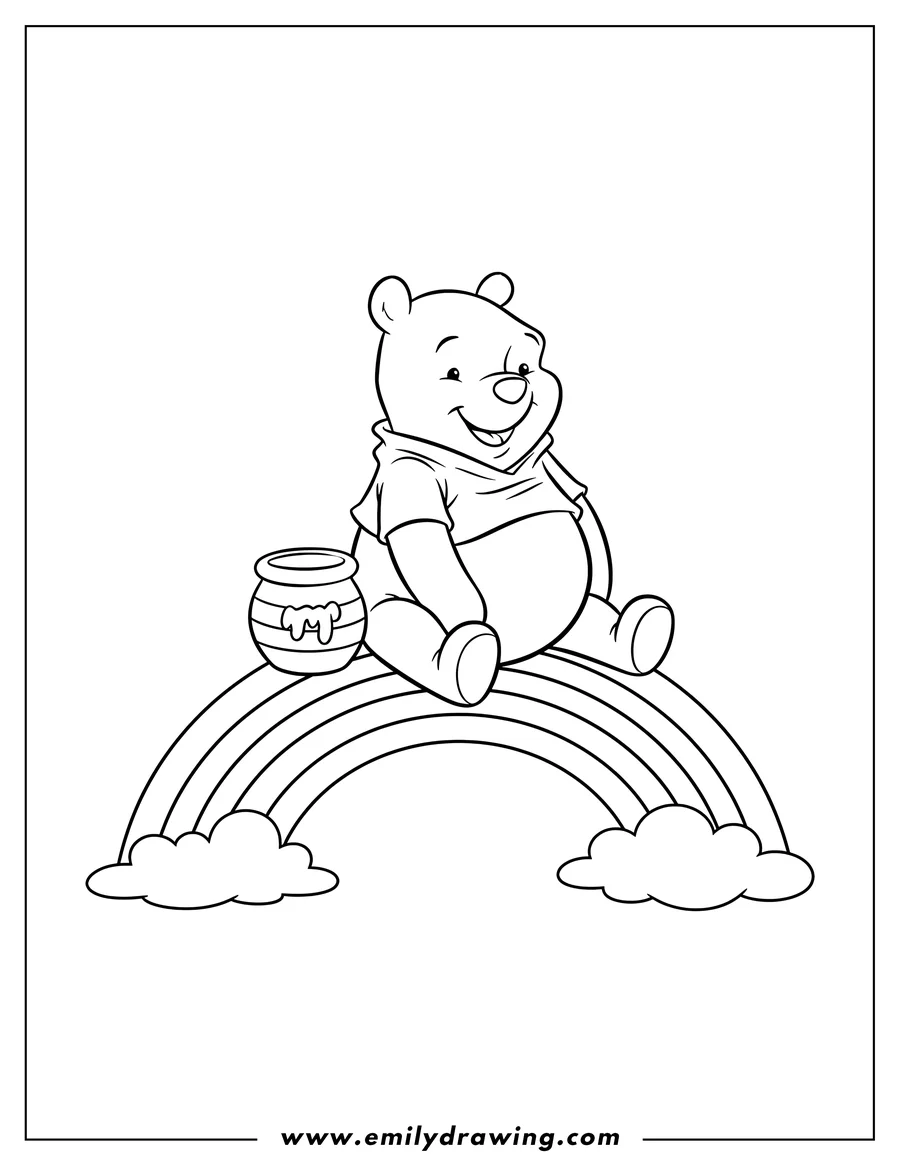 Linear illustration of cute Winnie Pooh smiling and sitting on a rainbow