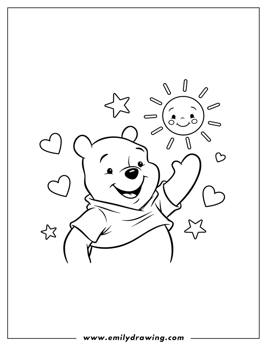 Coloring page of cute Winnie Pooh smiling and waving with a smiling sun, hearts, and stars
