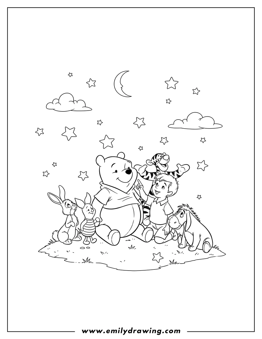 Printable line art of winnie the Pooh and friends gathered together looking up at the stars