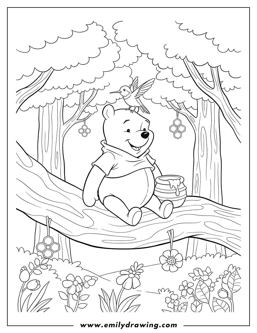 Full page coloring image of winnie Pooh Woods With Hummingbird, Pooh sitting on a tree branch with the bird perched on his head
