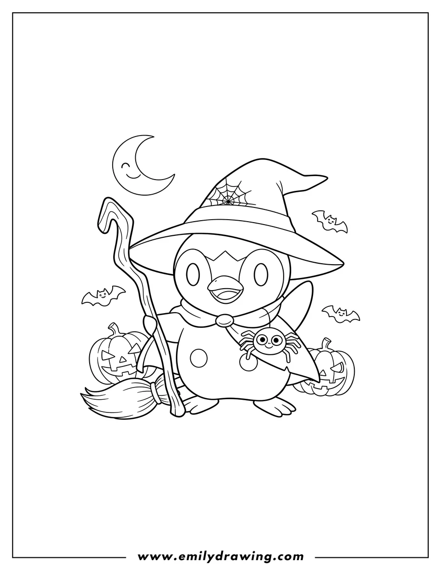 Full page coloring image of witch Piplup wearing a cape with a spider, holding a broom, Halloween Pokemon