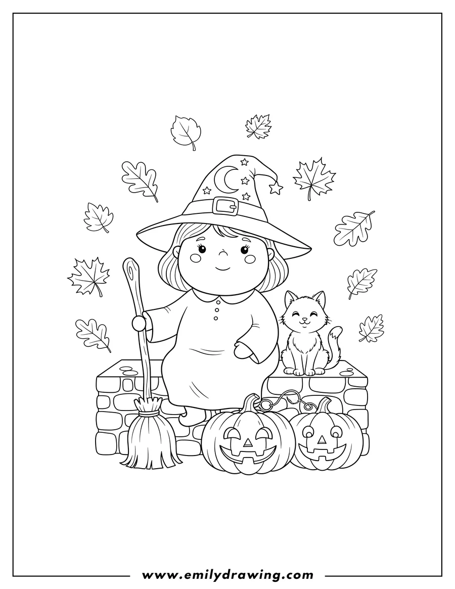 Simple sketch of cute Witch sitting on a ledge holding a broom with a cat, Jack O Lanterns, and Fall Leaves Background to color
