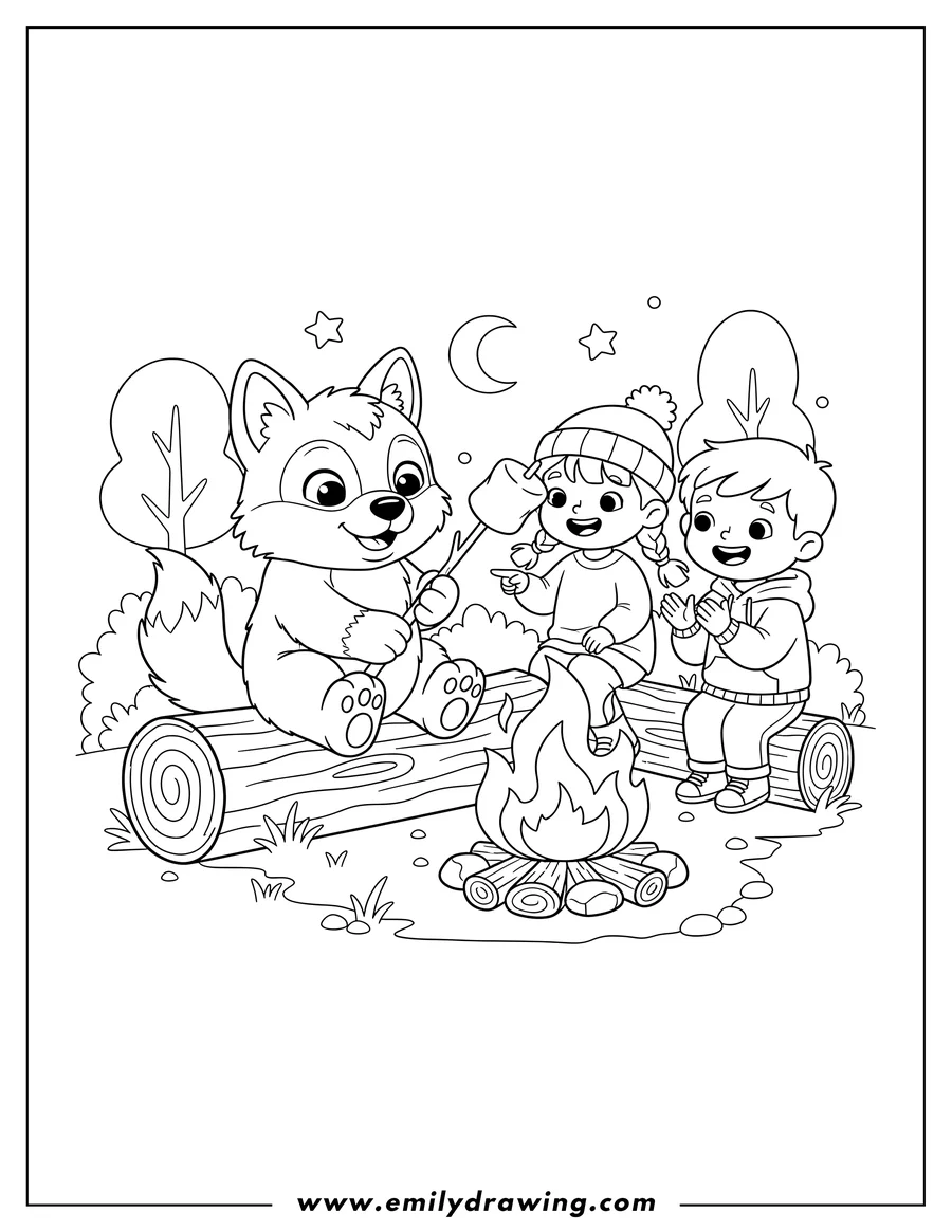 Full page coloring image of cute Wolf Pup Sitting on a Log by Campfire Roasting Marshmallow, Preschoolers